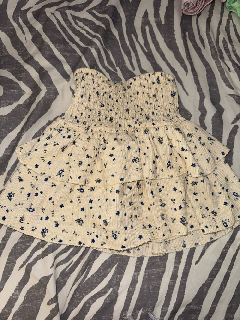 Zara Cream Tiered Skirt with Blue Floral Print